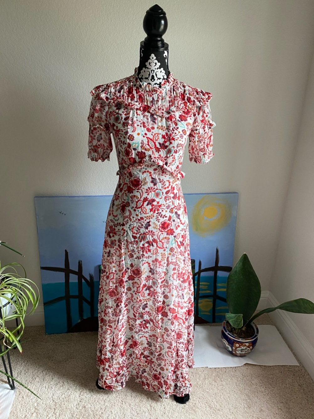 Red Volleta Floral Ruffled Maxi Dress in Cream